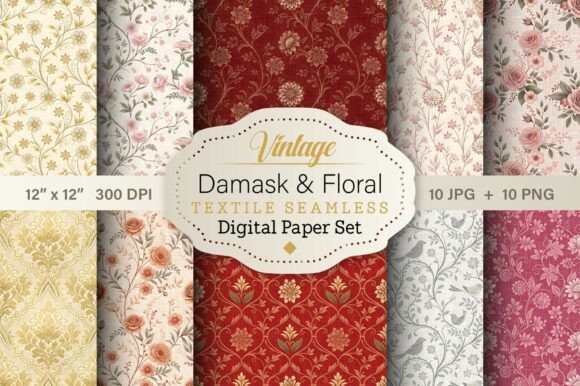 Vintage Damask Floral Pattern Bundle: Timeless Design Assets